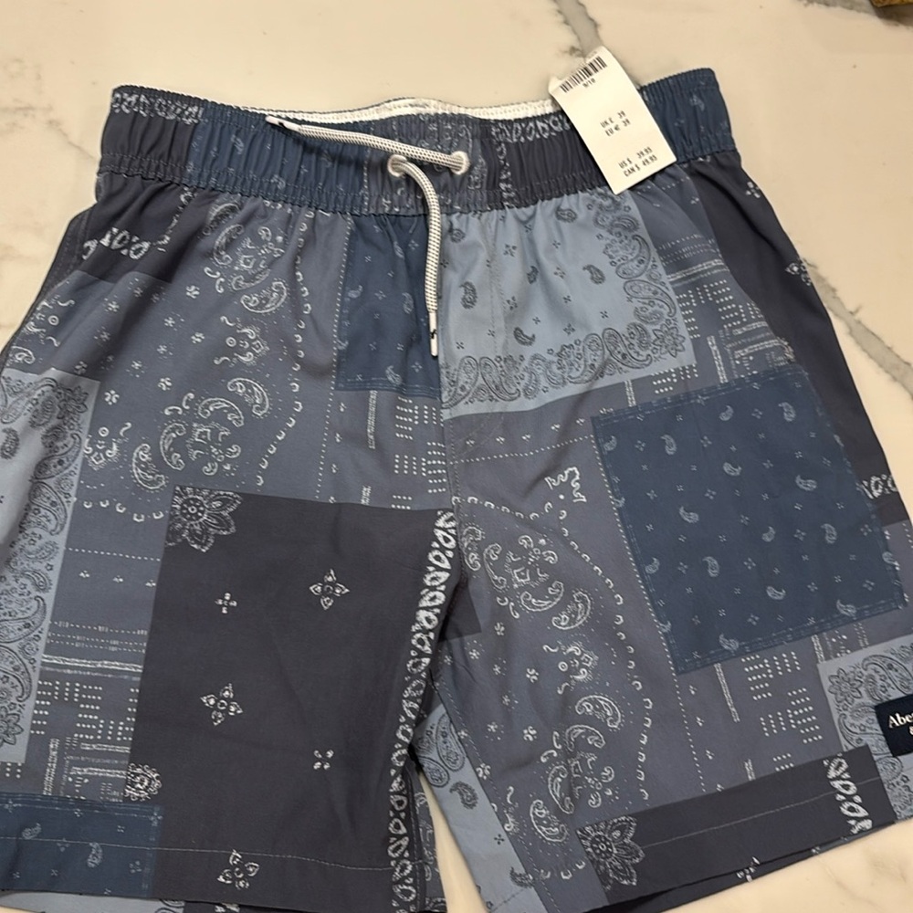 Brand new with tags Abercrombie boys bandana print blue bathing suit size 9/10
